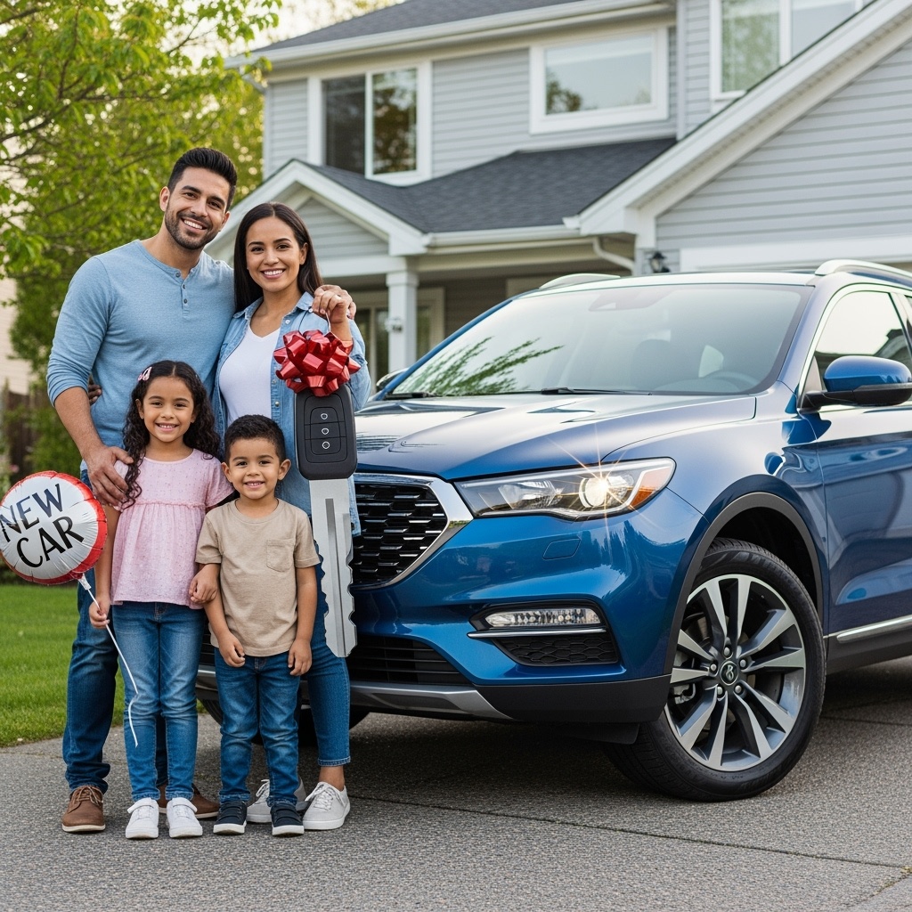 Parents and two young children smiling in front of a house, holding a giant oversized car key with a red bow and a 'New Car' balloon, next to a new blue SUV parked in the driveway