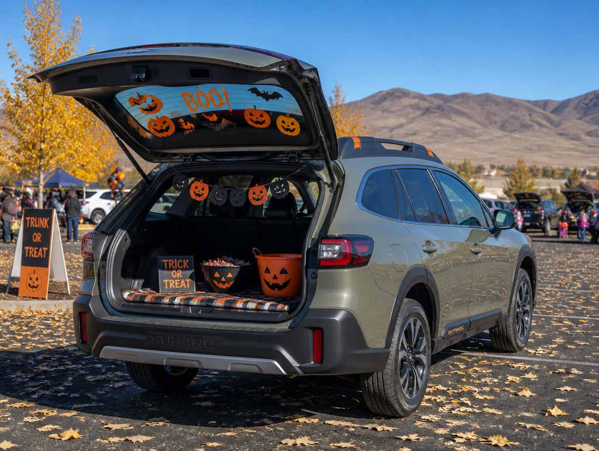 Subaru Outback with paint-safe Halloween window clings at a Twin Falls trunk-or-treat event