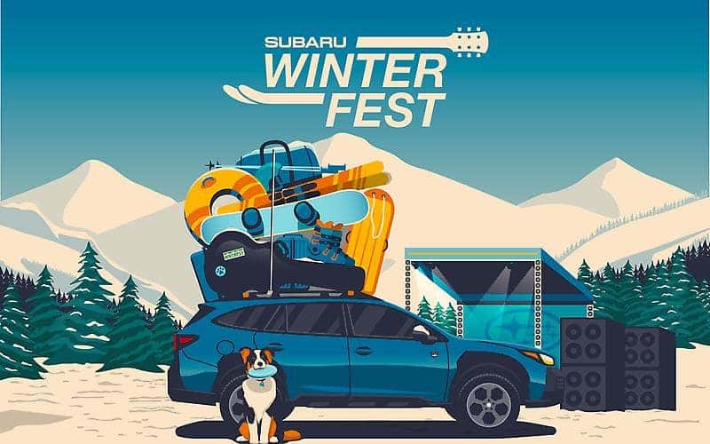 Subaru WinterFest illustration with a loaded Subaru and a dog