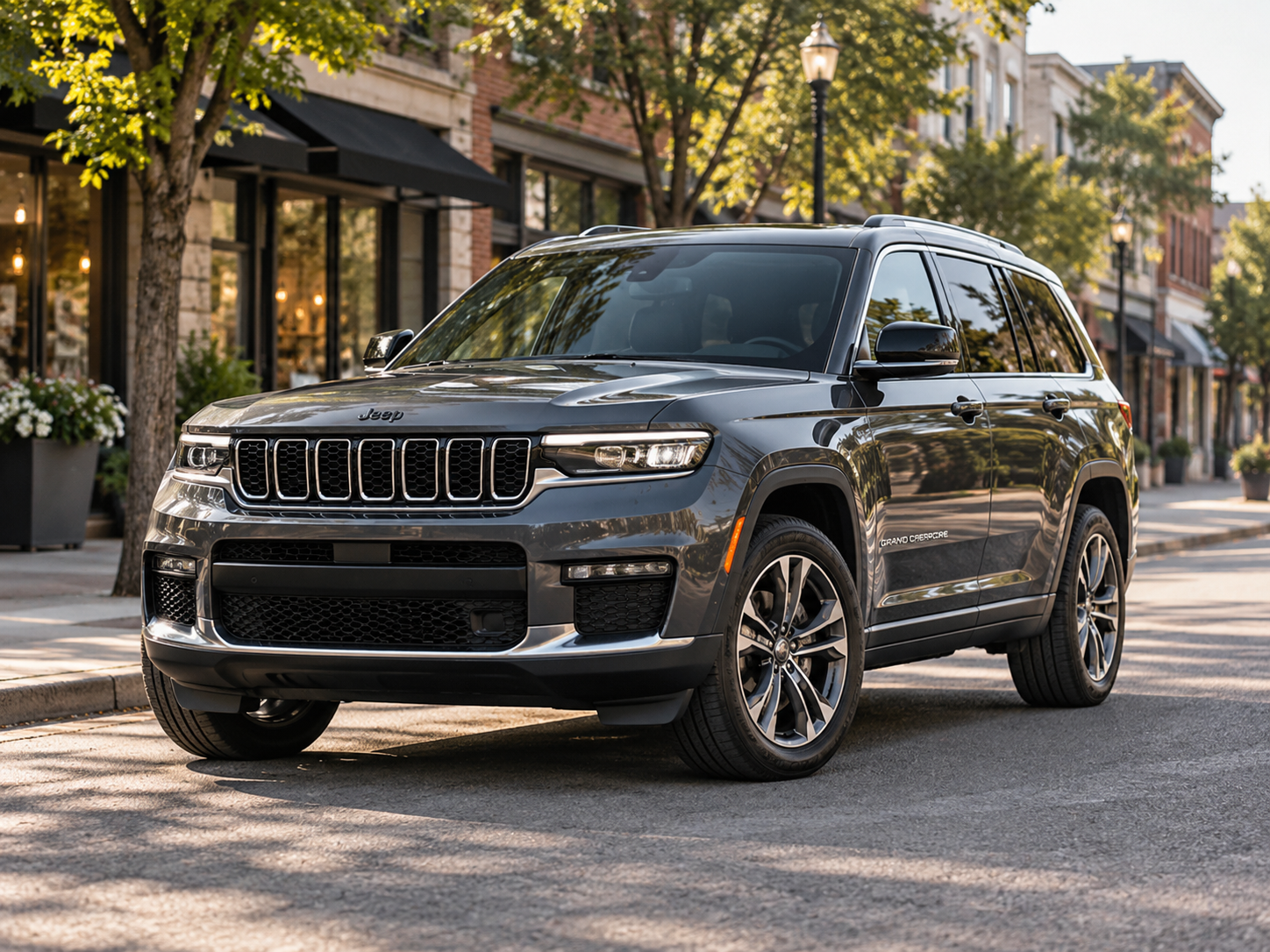 Jeep Grand Cherokee driving through a tree-lined downtown street