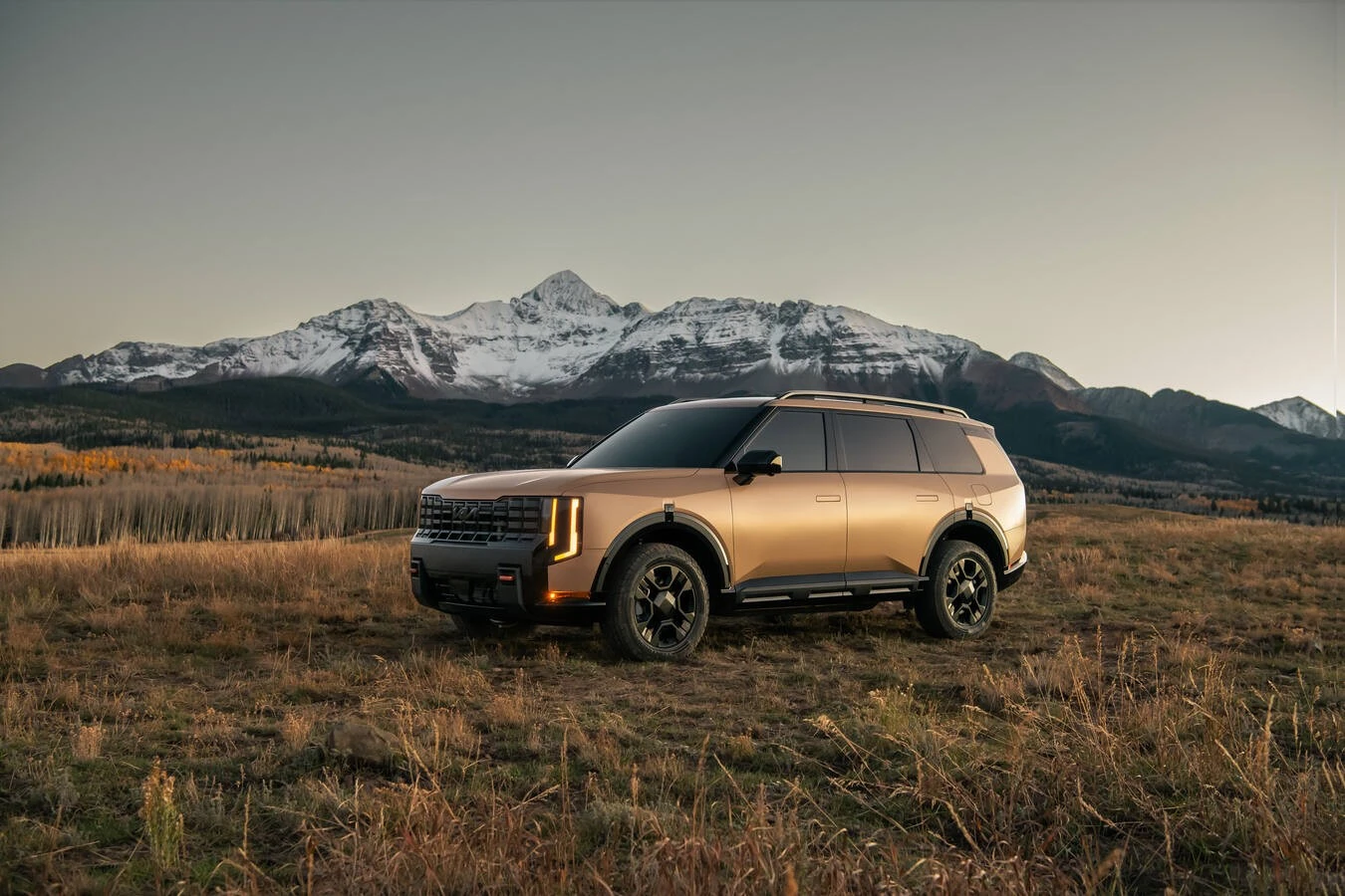 Bronze 2027 Kia Telluride X-Pro parked in a grassy field lined with aspen trees, with a snow-capped mountain peak in the background.