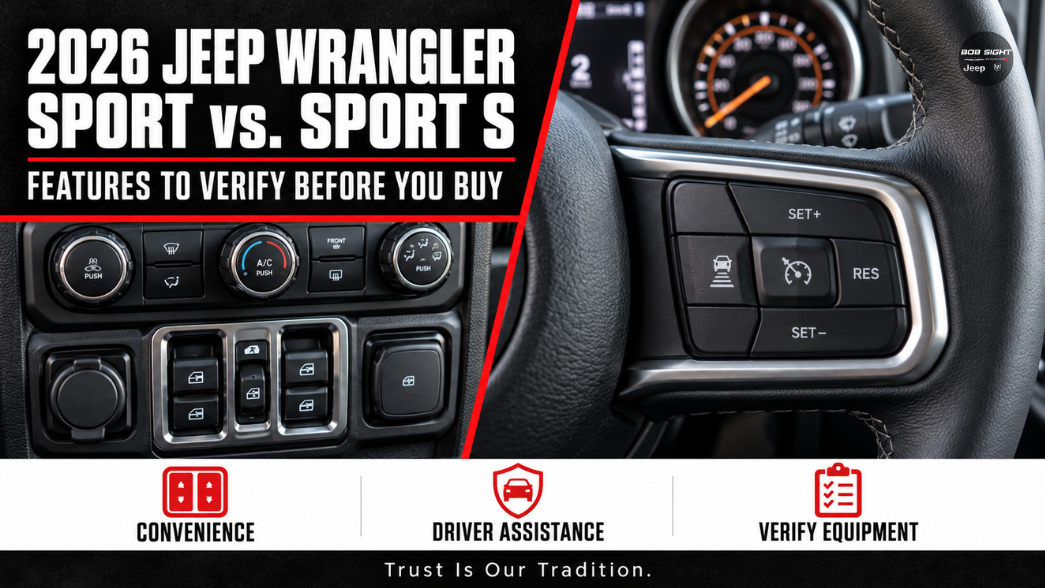 2026 Jeep Wrangler Sport vs. Sport S guide showing window switches and steering-wheel controls for Bob Sight CDJR shoppers in Lawrence, KS.