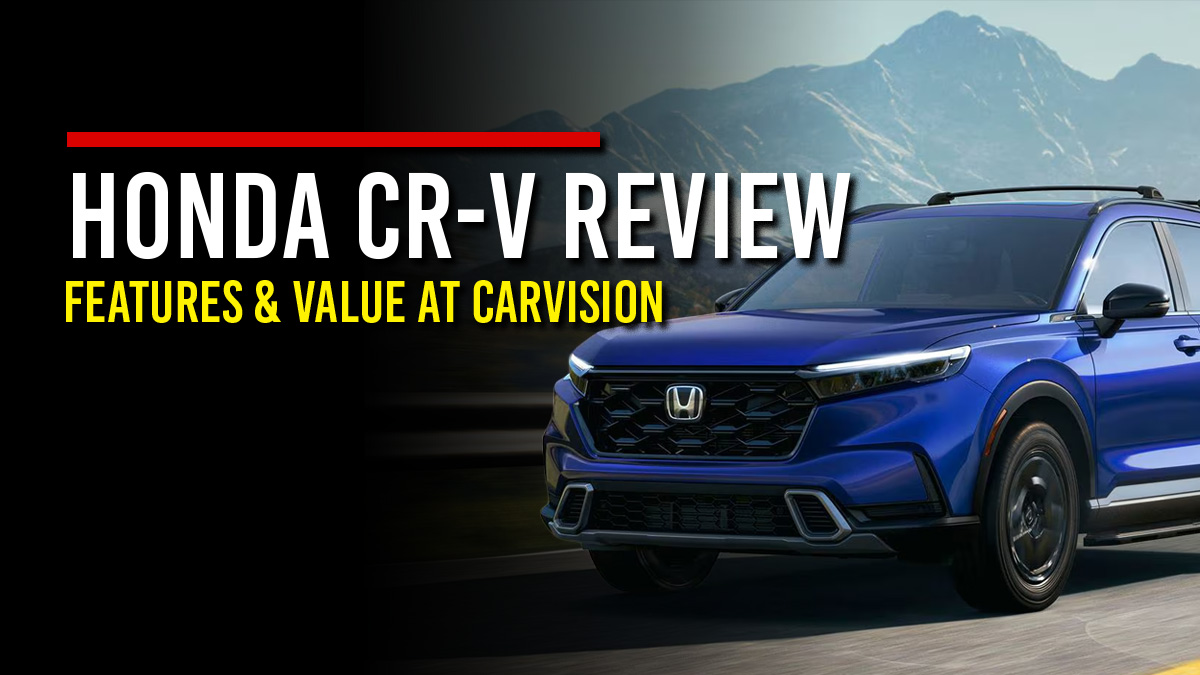 Blue Honda CR-V compact SUV driving on a road with snow-capped mountains in the background, next to the headline “Honda CR-V Review, Features & Value at CarVision”