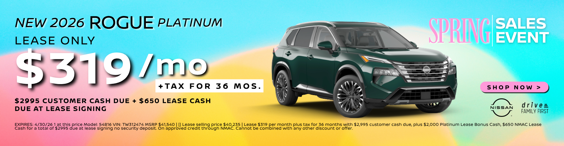 2026 Rogue Platinum Lease 319/mo $2995 customer cash due offer