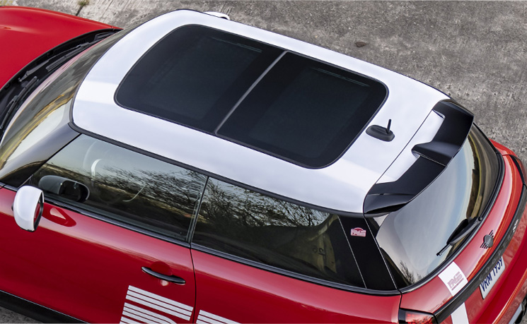 Overhead view 2026 JCW 2 Door roof and mirror caps.