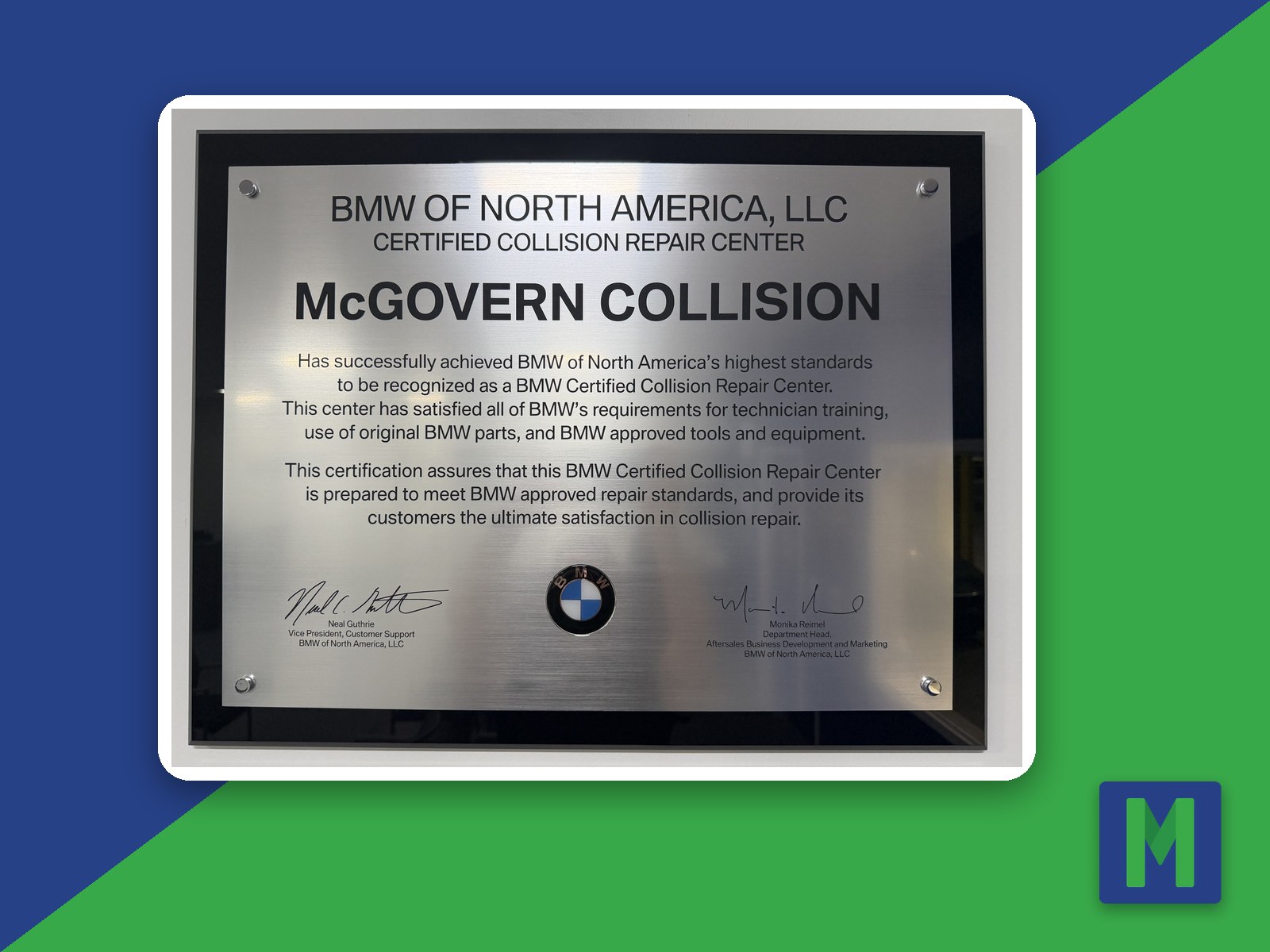 BMW certification plaque at McGovern Collision Center in Shrewsbury, MA