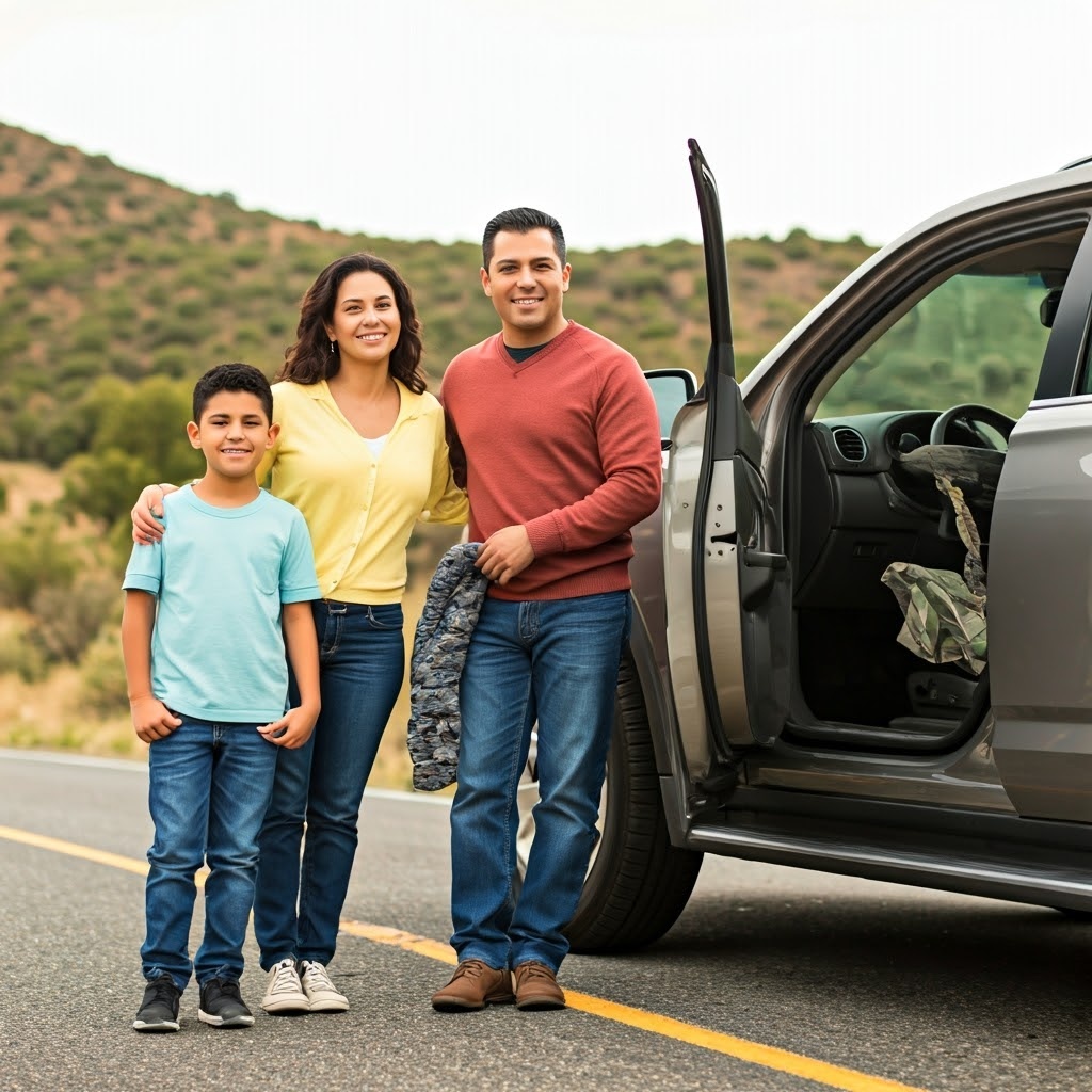A man, woman, and young boy stand together smiling on a rural roadside next to a gray SUV with the driver's door open. The man wears a red sweater, the woman a yellow cardigan, and the boy a light blue t-shirt, with rolling green hills behind them under an overcast sky.