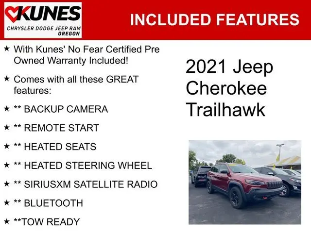 Used 2021 Jeep Cherokee Trailhawk with VIN 1C4PJMBXXMD175528 for sale in Oregon, IL