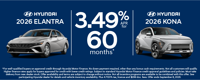 3.49% apr for 60 months on Elantra and Kona