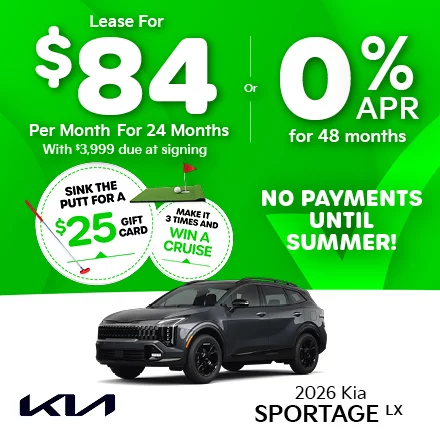 2026 Kia Sportage LX Lease for $84 per month with $3,999 due at signing Or 0.0% APR for 48 months