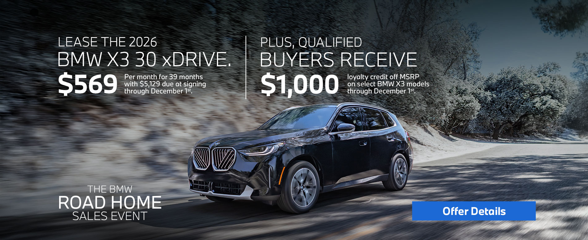 2026 X3 lease starting at $569 per month for 39 months