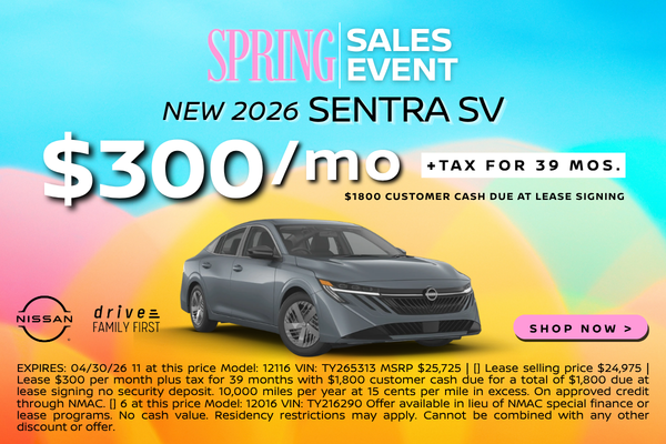 2026 Sentra SV Lease $300/mo $1800 customer cash due offer