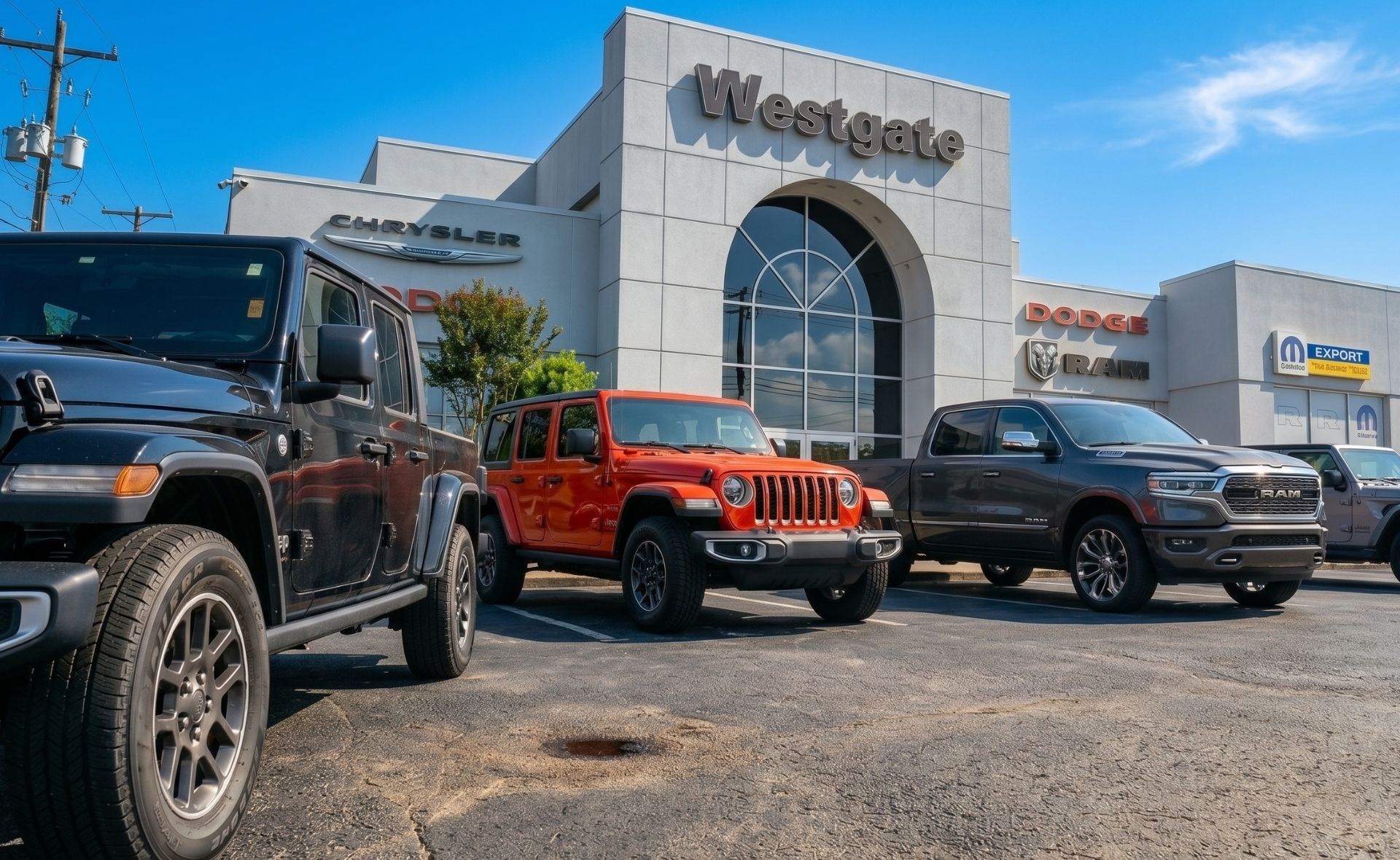 A lineup of vehicles including a black Jeep Gladiator, an orange Jeep Wrangler, and a dark grey Ram 1500 truck parked on the asphalt lot in front of the Westgate Chrysler Dodge Jeep Ram dealership building in Raleigh.