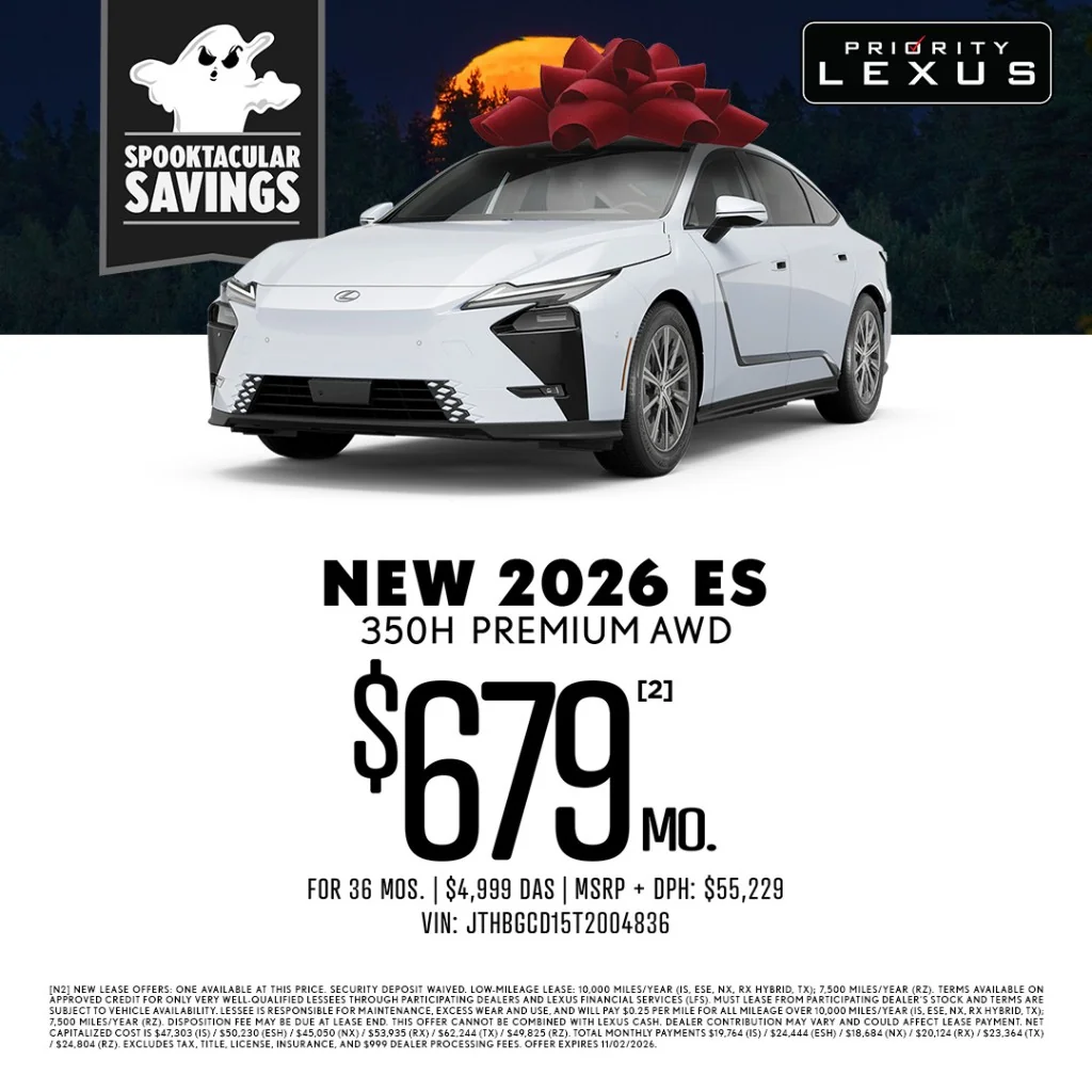 Priority Lexus Newport News Spooktacular Savings banner: white 2026 ES 350h Premium AWD with red bow and ghost badge, lease monthly offer.