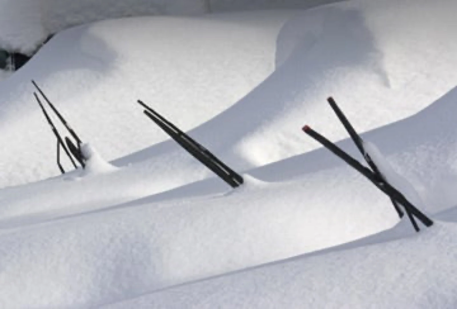 Three raised wiper blades sticking up out of heavy snow covering a vehicle's hood and windshield.