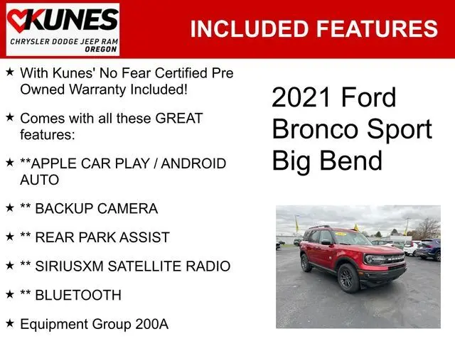 Used 2021 Ford Bronco Sport Big Bend with VIN 3FMCR9B6XMRB01301 for sale in Oregon, IL