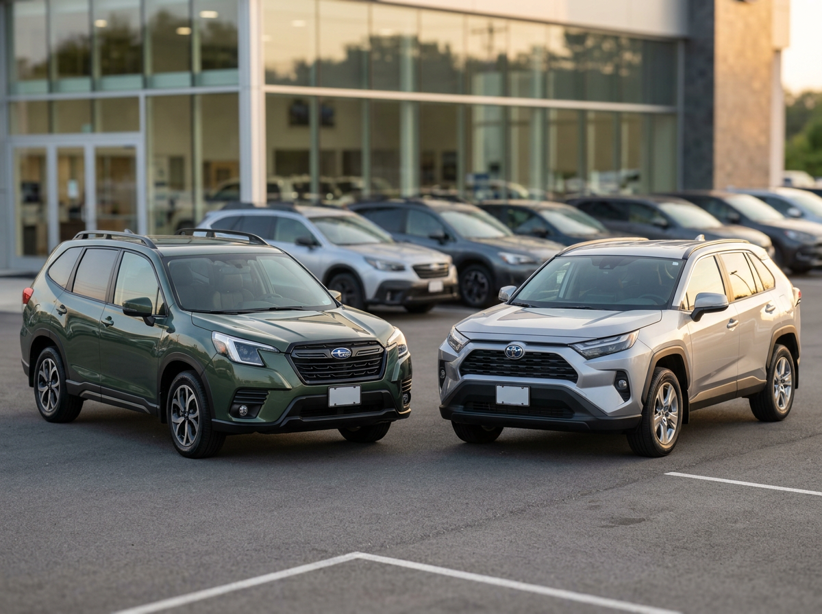 2026 Subaru Forester vs 2026 Toyota RAV4 side-by-side comparison in dealership lot