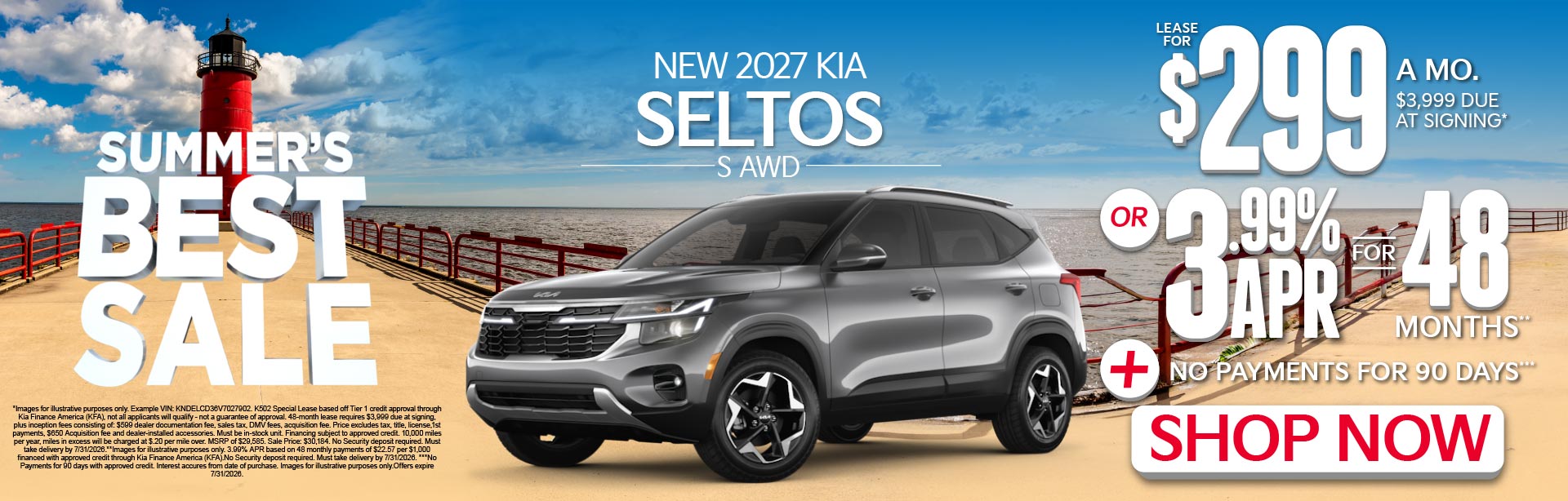 NEW 2027 Kia Seltos S AWD	"LEASE FOR $299/MONTHS with $3,999 due at signing* OR 3.99% APR for 48 months** PLUS, NO PAYMENTS FOR 90 DAYS***"