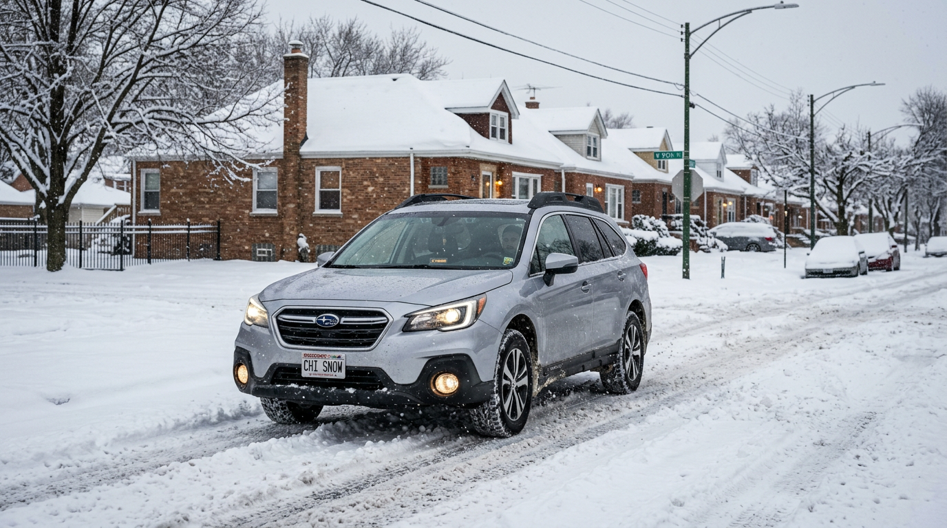 Snowy Chicago neighborhood street with parked cars and winter conditions