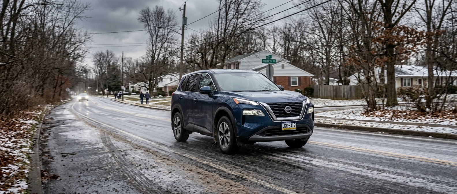 2026 Nissan Rogue AWD on a wet, salt-treated road in Warminster PA during winter
