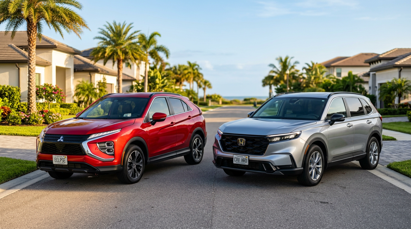 A red Mitsubishi SUV and a silver Honda SUV parked side-by-side on a sunny suburban street with palm trees.