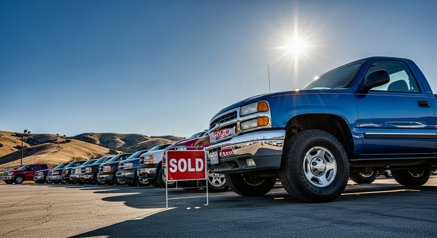 Lineup of used pickup trucks ready for sale in Bakersfield