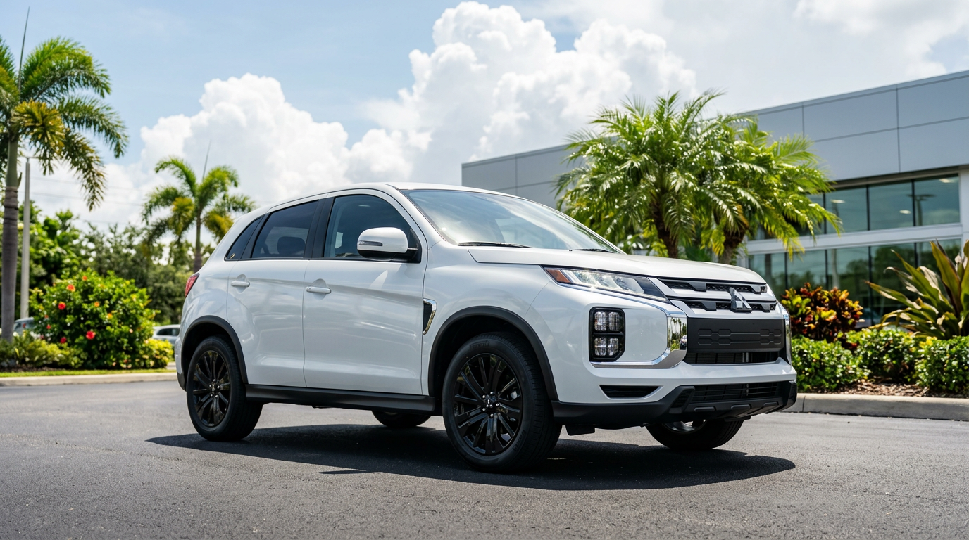 White Mitsubishi Outlander Sport SUV with black wheels parked outside a modern dealership under a partly cloudy sky.