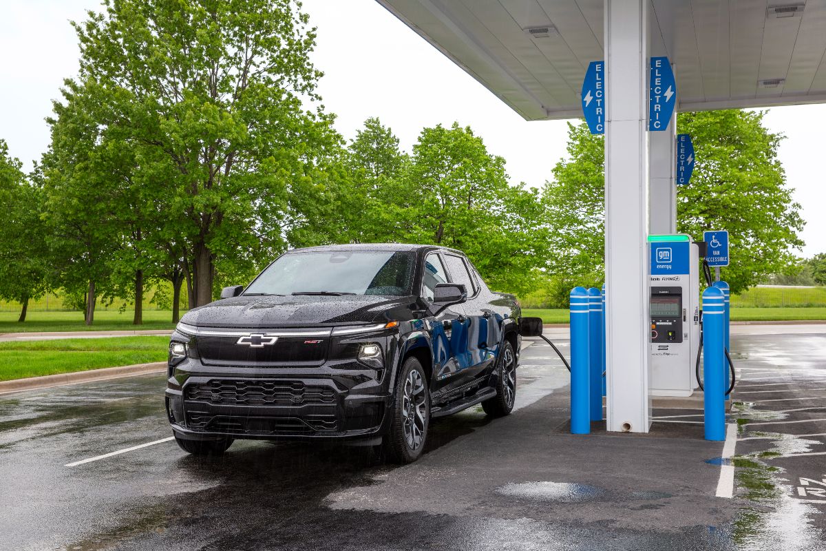 2024 Chevy Silverado EV RST Exterior Driver Side Front Angle while Charging