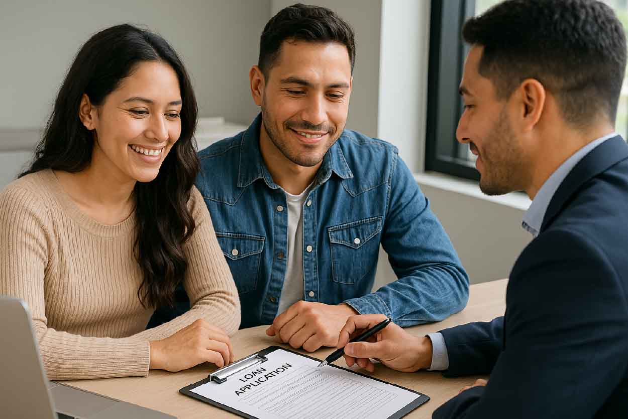 Car salesman working with a Hispanic couple on the process for filling out a car loan