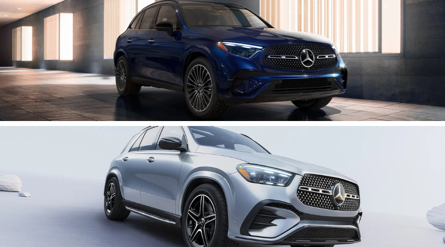 A blue Mercedes-Benz GLC and a silver Mercedes-Benz GLE