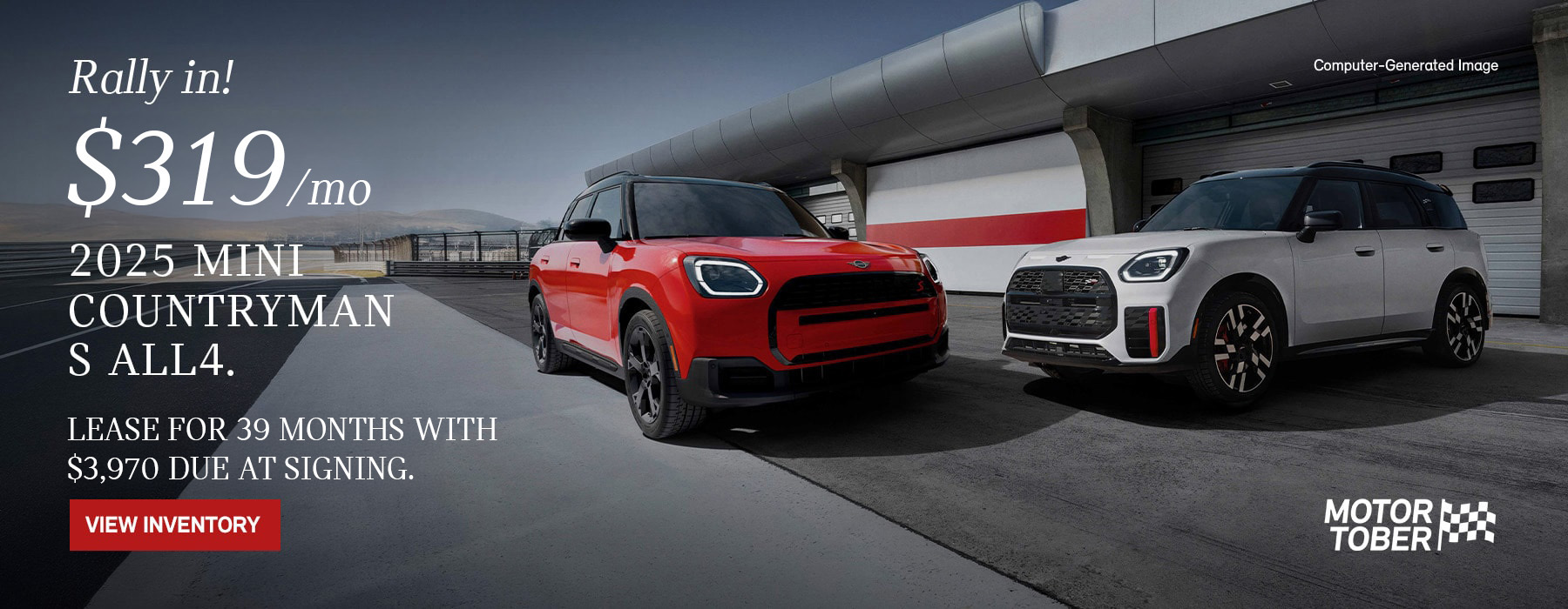 2 MINI Countryman ALL4s front and side views parked in front of a garage. 