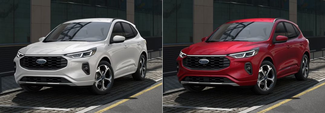 Star White Metallic and Rapid Red Metallic 2024 Ford Escape Models on a City Street