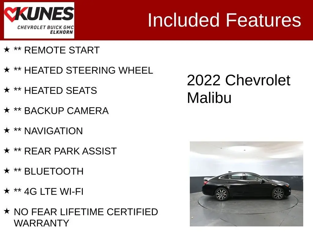 Used 2022 Chevrolet Malibu RS with VIN 1G1ZG5ST3NF207986 for sale in Elkhorn, WI