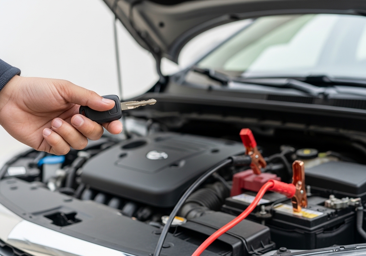 A person holding a car key near a vehicle with the hood open, preparing to start a car with a dead battery.