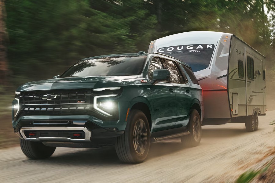 2026 Chevy Tahoe Exterior Driver Side Front Angle while Towing