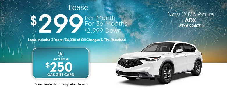 Lease $299 Per Month For 36 Months $2,999 Down Lease Includes 3 Years/36,000 of Oil Changes & Tire Rotations - Acura $250 Gas Gift Card - New 2026 Acura ADX STK# 924071