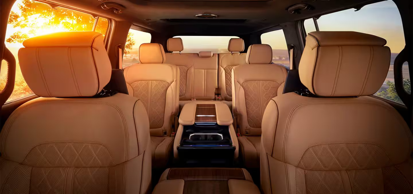 The interior seating inside the jeep grand wagoneer.