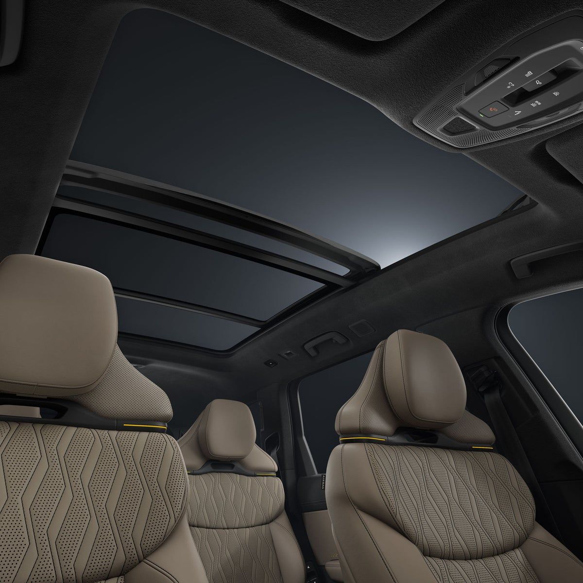 2027 Audi Q9 interior looking up through the panoramic glass roof