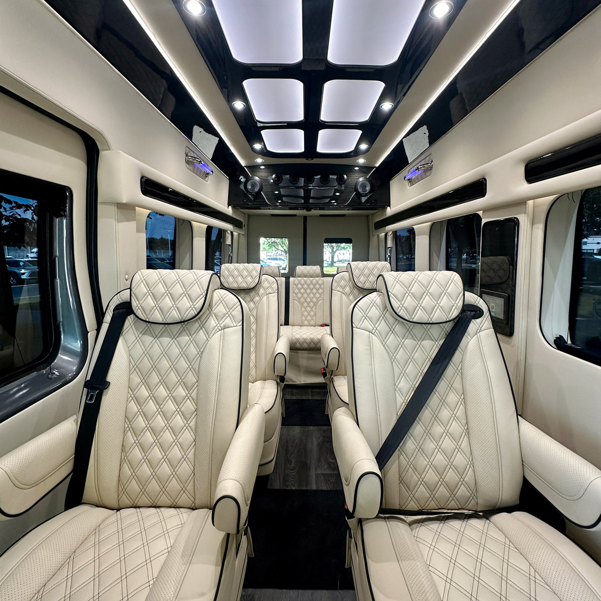 Interior of a Discovery 9 Passenger Mercedes-Benz Luxury Sprinter Van