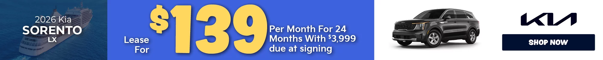 2026 Kia Sorento LX Lease for $139 per month with $3,999 due at signing