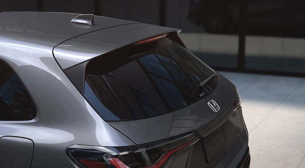 A close-up of the spoiler is shown on the rear-end of a 2025 Honda HR-V.