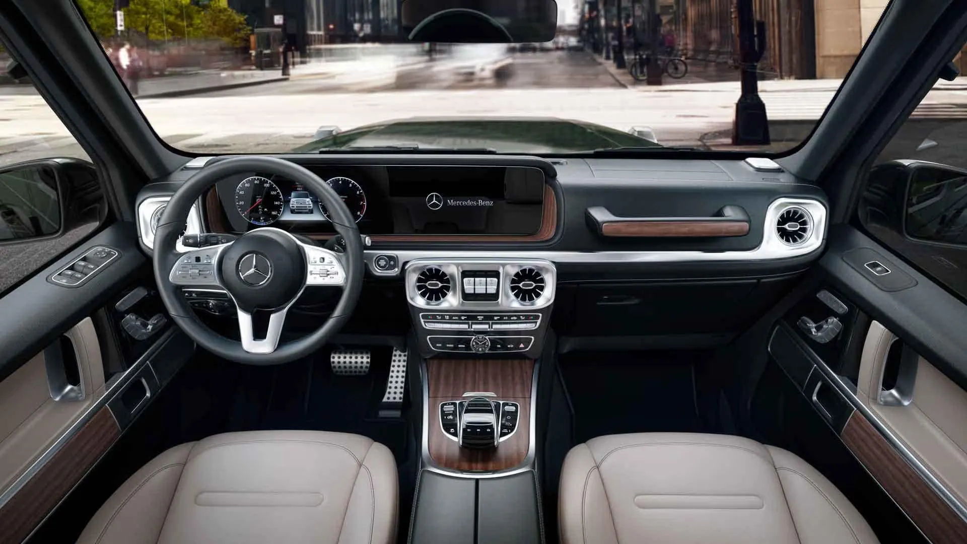 Mercedes-Benz electric vehicle interior with tan leather seats