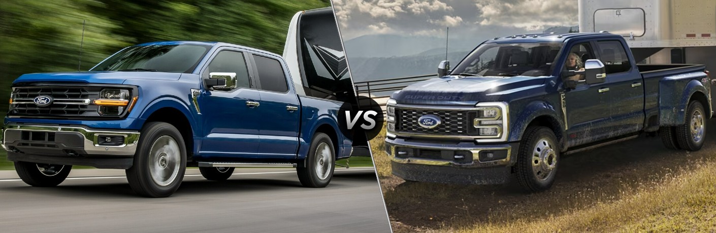 Blue 2024 Ford F-150 Towing a Camper vs Blue 2024 Ford Super Duty Towing a Horse Trailer