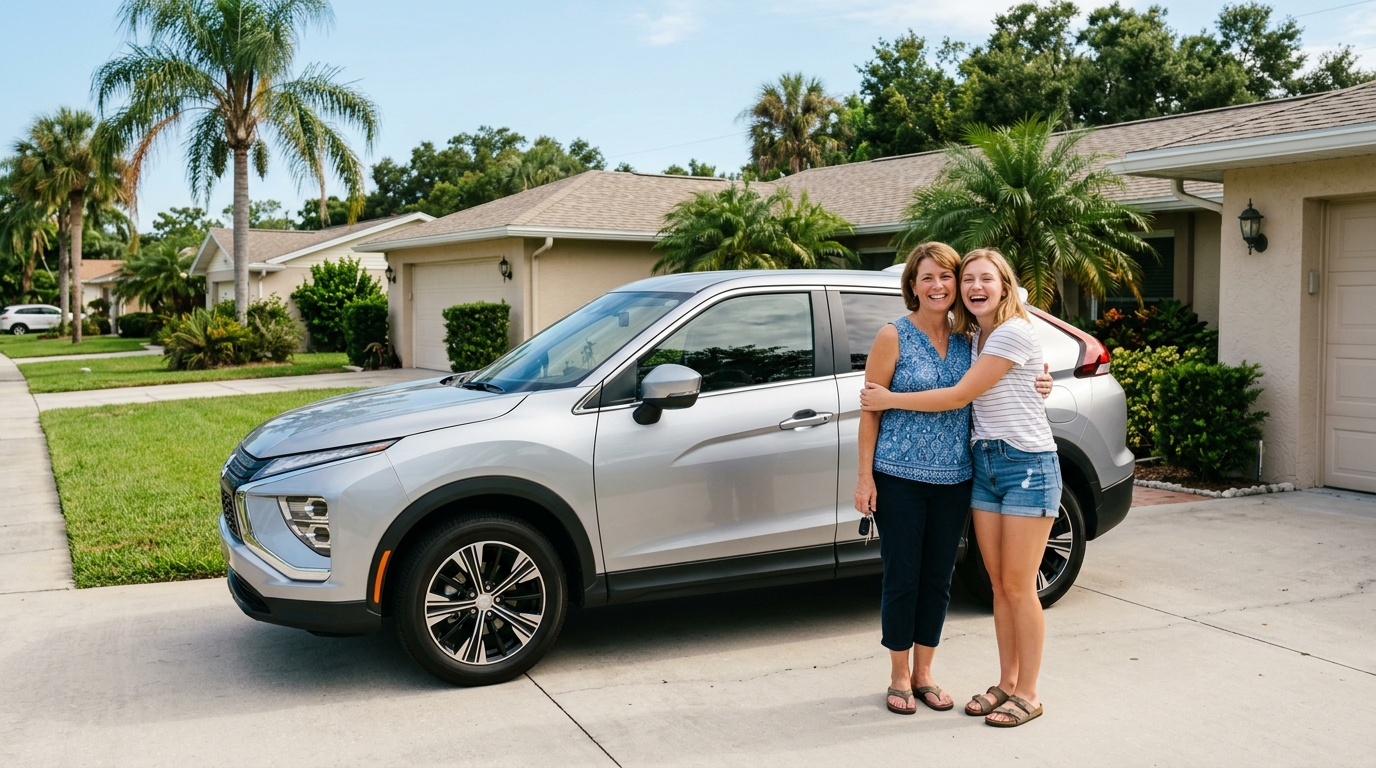 A happy mother and daughter hugging next to a new silver SUV in a suburban driveway. (Representative image for illustration purposes only. Actual vehicle may vary based on trim and configuration.)