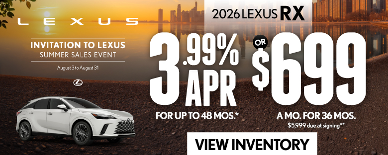 2026 Lexus RX 	3.99% APR for up to 48 mo* OR $699/mo for 36 mo - $5,999 due at signing **