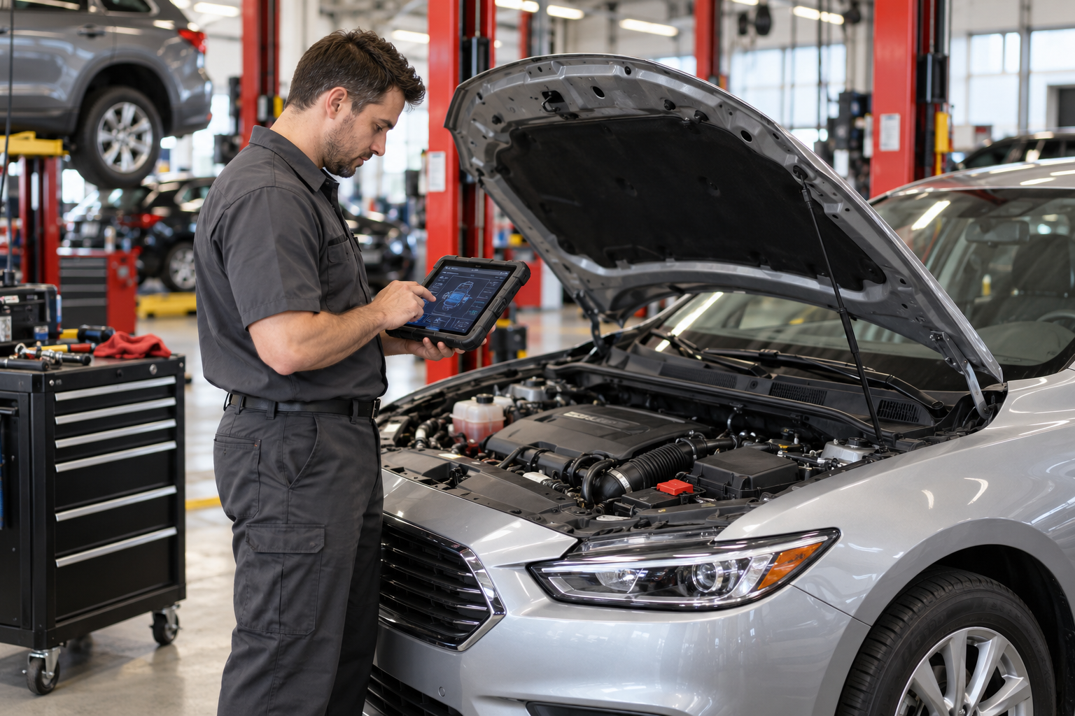 Illustration of a technician using a diagnostic tablet beside a vehicle’s engine bay.
