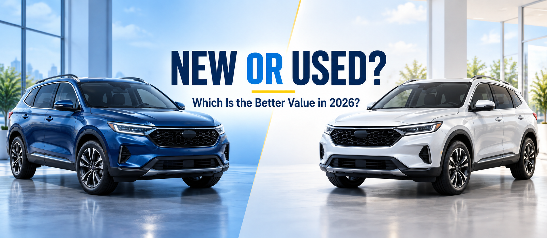 Simple new-versus-used graphic comparing purchase price, warranty, mileage, features and depreciation.