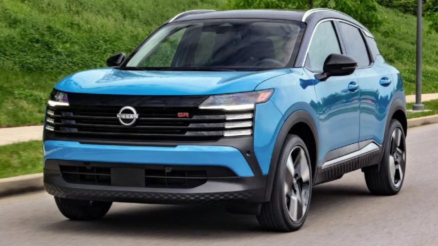 2027 Nissan Kicks parked in front of a modern building, showcasing its new design