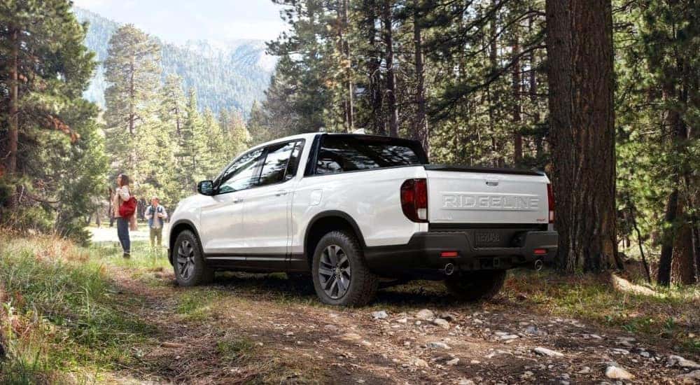 A white 2024 Honda Ridgeline parked off-road in a forest.