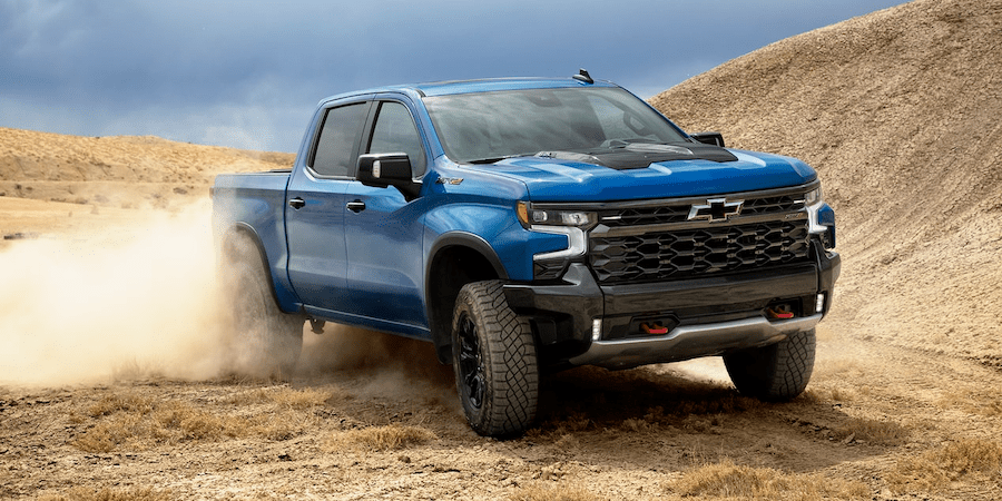 Blue 2022 Chevrolet Silverado ZR2 driving in the desert